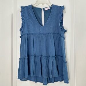 Pink Lily Blue Tiered Eyelet Ruffle Tunic